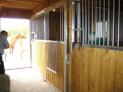 Box de cheval avec boiserie, barreaux verticaux et structure métallique.
